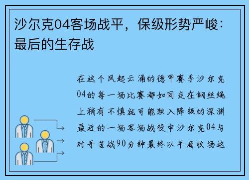沙尔克04客场战平，保级形势严峻：最后的生存战