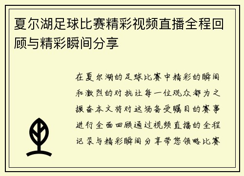 夏尔湖足球比赛精彩视频直播全程回顾与精彩瞬间分享